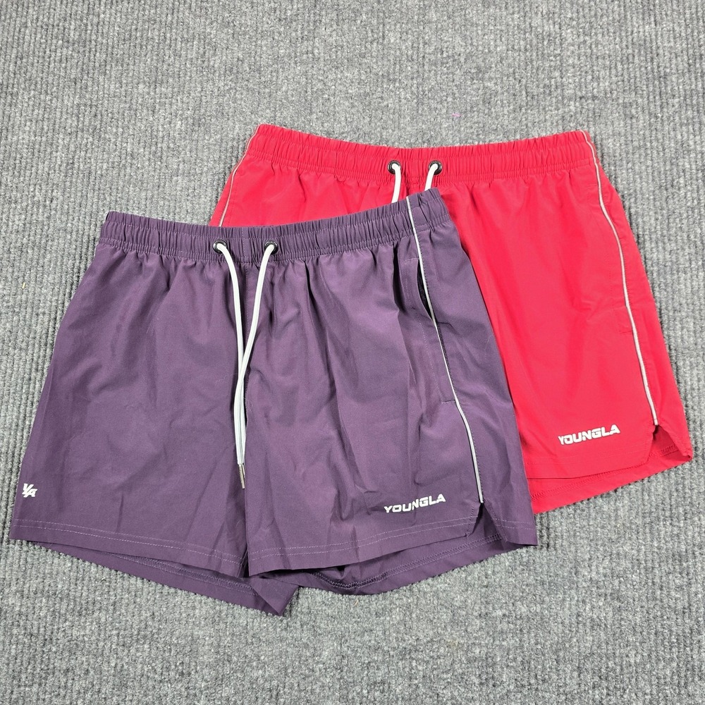 YoungLA Shorts Mens Large Red Purple Athletic 5 Inseam Drawstring 2 Pack Swim